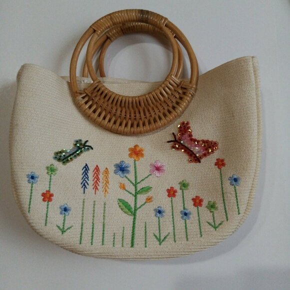 Handmade Embroidered Canvas Tote Bag With Bamboo Handles & Colorful Flower & But - Picture 3 of 9